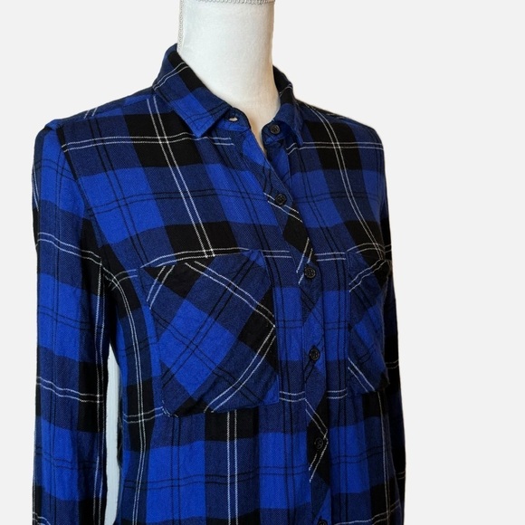 Rails Dylan Cobalt Tartan Plaid Button Down Cropped Shirt Small - Picture 5 of 12